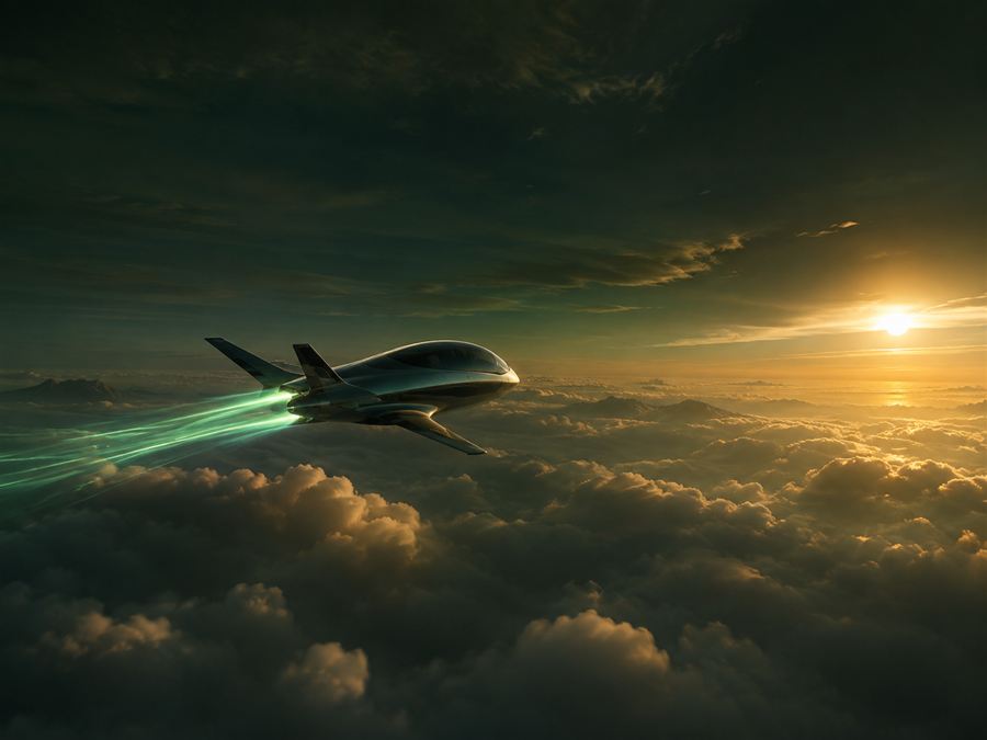 Aeronave elétrica futurista sobre as nuvens