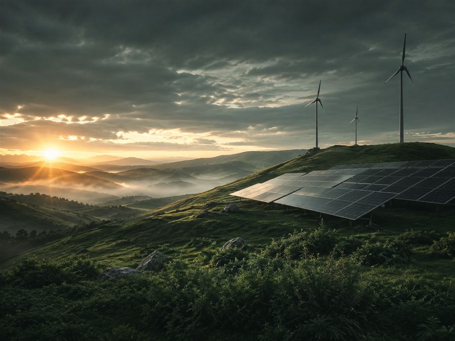 Painéis solares e turbinas eólicas ao amanhecer