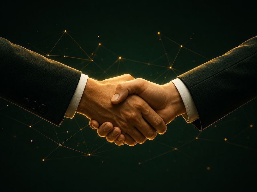 Aperto de mãos com rede de conexões douradas
