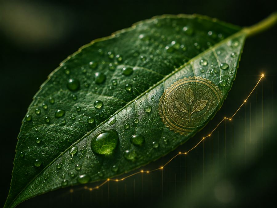 Folha verde com selo dourado de certificação